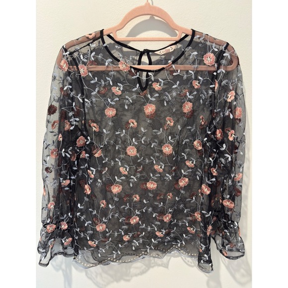 Nanette Lepore Tops - Nanette Lepore Sheer Black Floral Embroidered Mesh Blouse